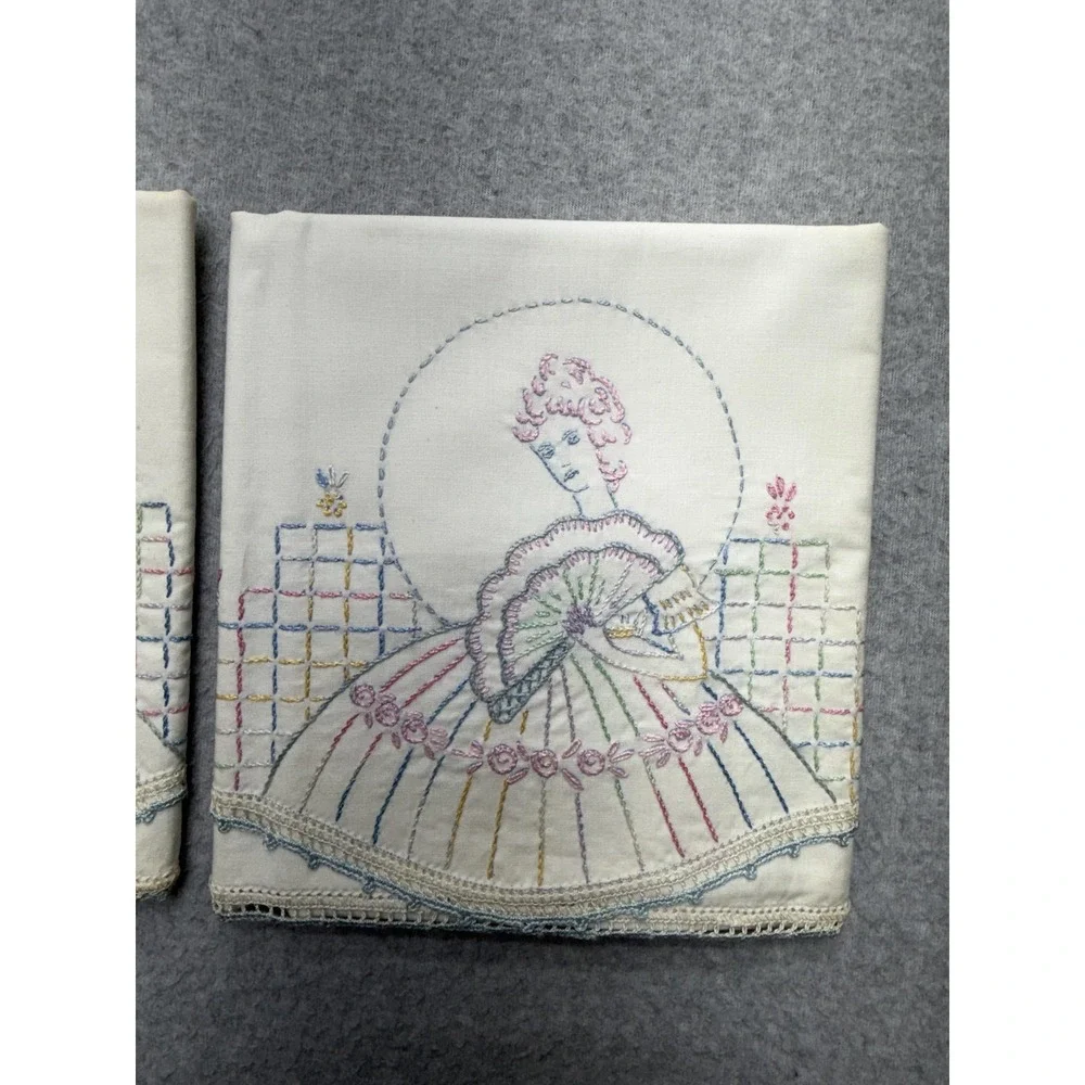 Hand Embroidered Pillowcases Set of 2 Pastel Lady with Fan Crochet‎ Lace Trim